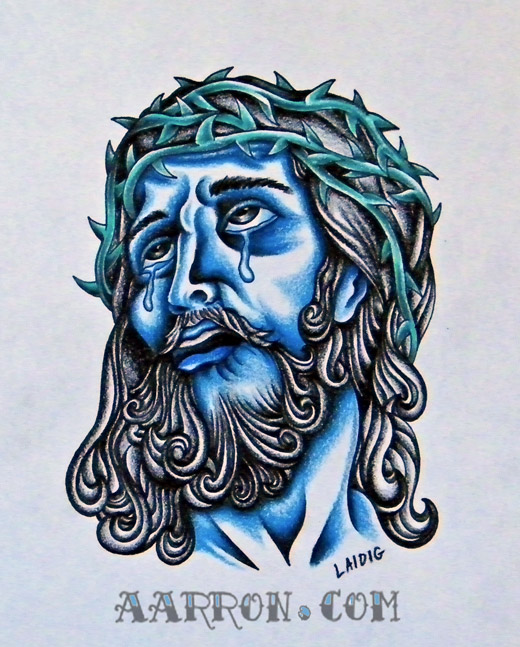 blue Jesus with tears tattoo flash