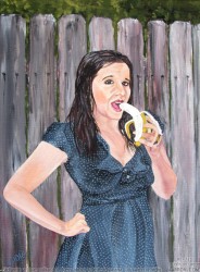 Girl with a blue polka dot dress about to eat a banana painting from Aarron Laidig's banana eaters series