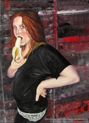 girl with red hair in black about to eat a banana from the banana eaters small painting series