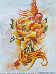 Orange Peony And Sparrows