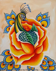 Peacock with orange rose art by Aarron Laidig