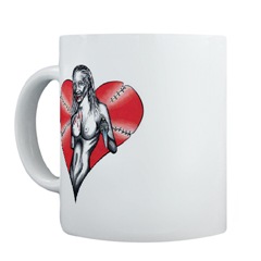 Have a heart girl with a knife zombie doll tattoo design.