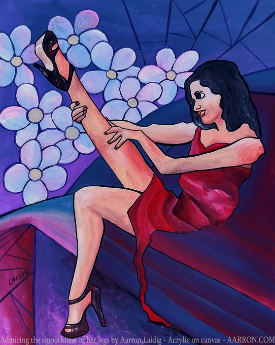Admiring the smoothness of her legs original painting on non stretched canvas