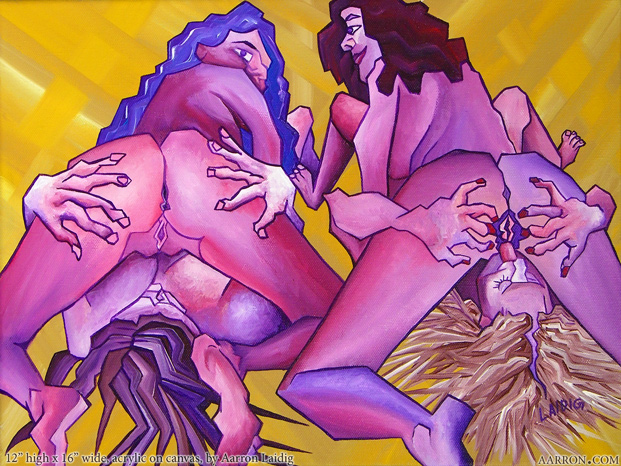 Taco Party erotic group lesbian themed original fine art painting in pop cubist style