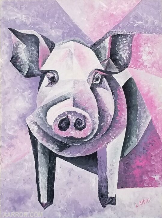 Cubist-ish piggy in cubism style small painting by Aarron Laidig