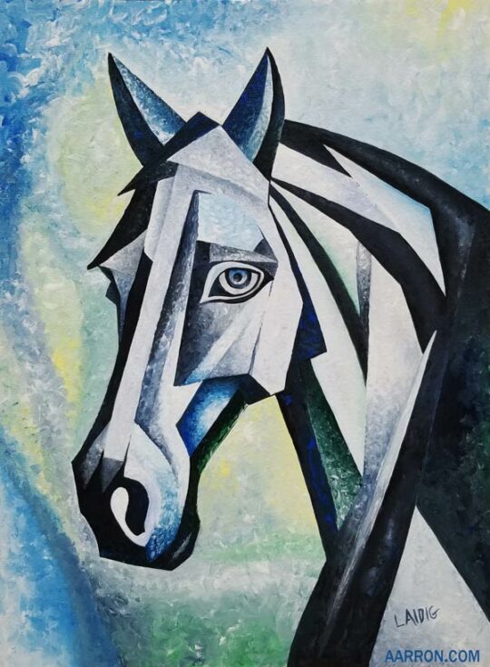 A blue horse painting  in cubist inspired style by Aarron Laidig 
