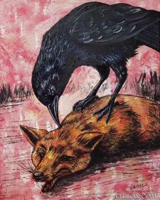 Percipience through a June dream fox and raven dream painting by Aarron Laidig
