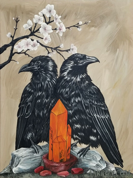 Tangerine Quartz with ravens painting by fine artist Aarron Laidig