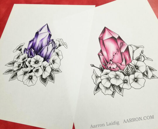 Crystals and moonflowers pencil drawings.
