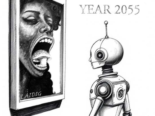 Future robot looking at surreal painting from the past and trying to understand